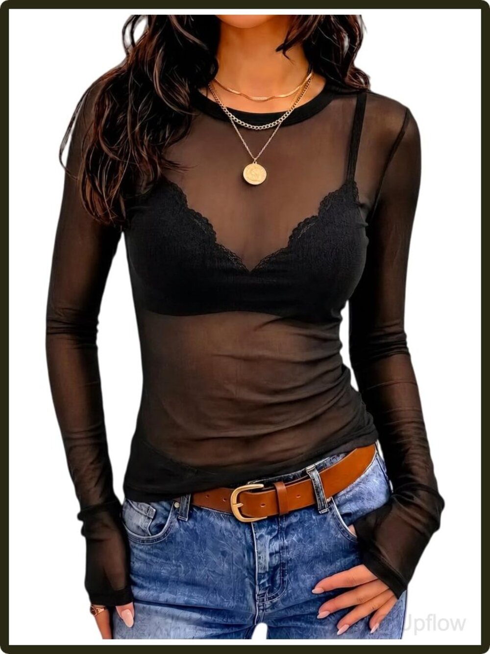 Women's Sheer Mesh Long Sleeve Crew Neck Slim Fit Going Out Club Top